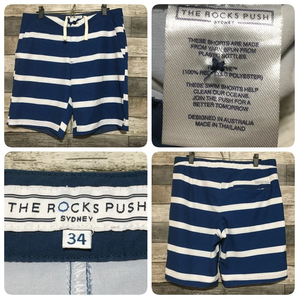 The Rocks Push Sydney Striped Boardshorts Men’s 34 Blue White (Inseam 9.5)